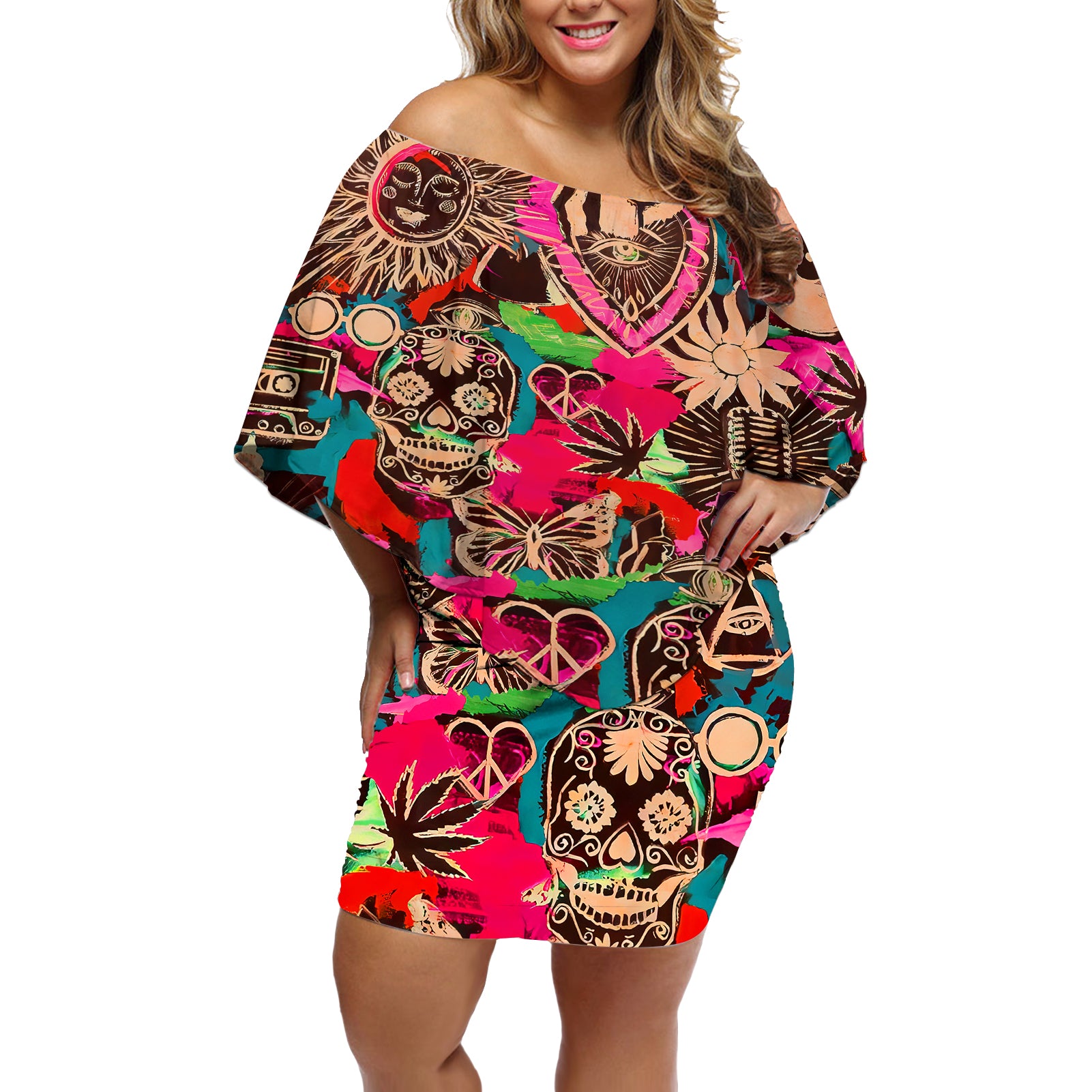 Festival Memories Skull Off Shoulder Short Dress - Wonder Print Shop