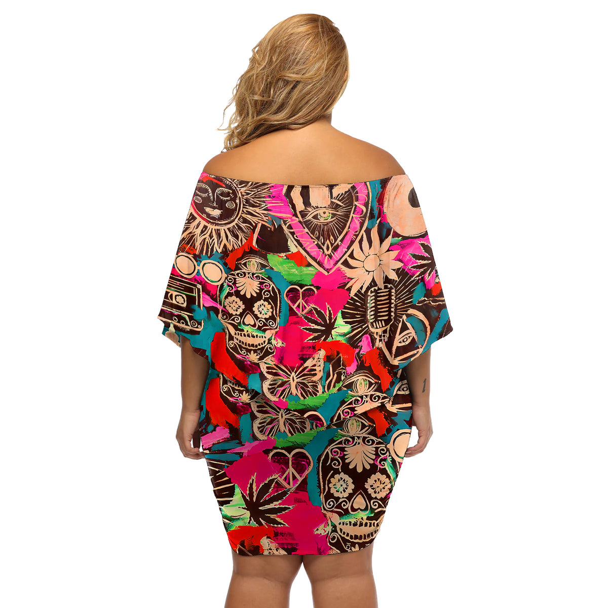 Festival Memories Skull Off Shoulder Short Dress - Wonder Print Shop