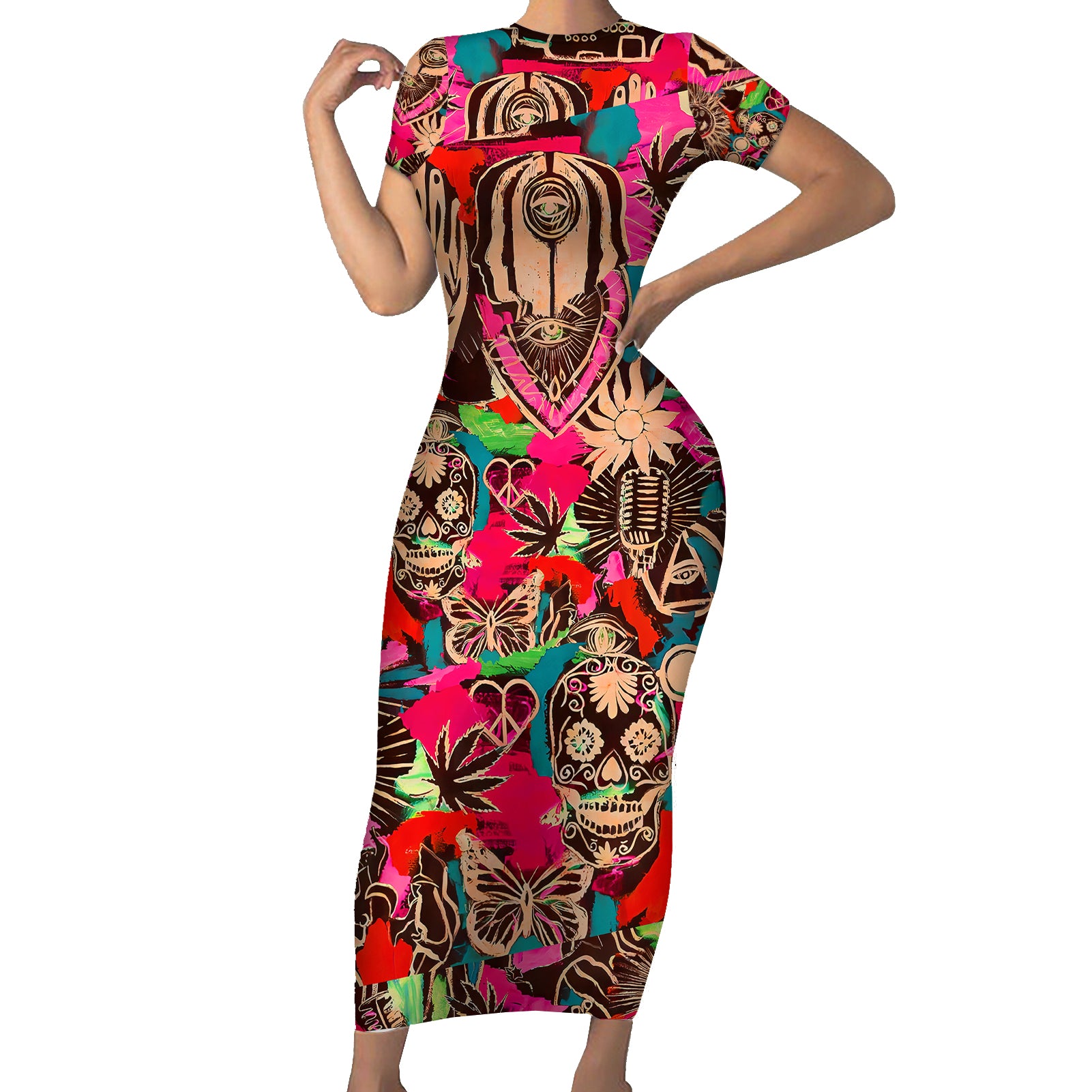 Festival Memories Skull Short Sleeve Bodycon Dress - Wonder Print Shop