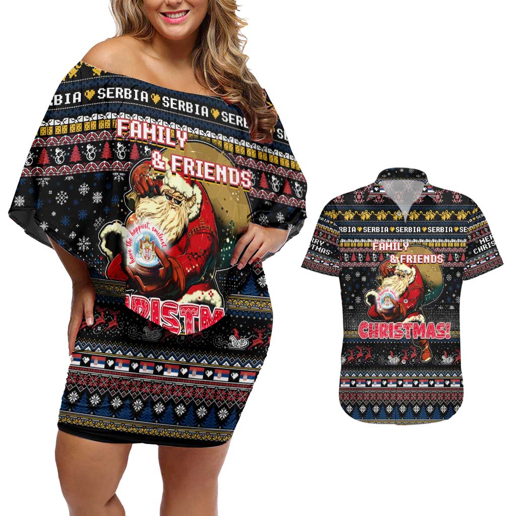 Serbia Couples Matching Off Shoulder Short Dress and Hawaiian Shirt Merry Christmas Family and Friends - Wonder Print Shop