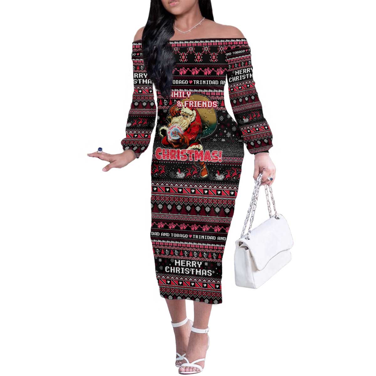 Trinidad and Tobago Family Matching Off The Shoulder Long Sleeve Dress and Hawaiian Shirt Merry Christmas Family and Friends - Wonder Print Shop