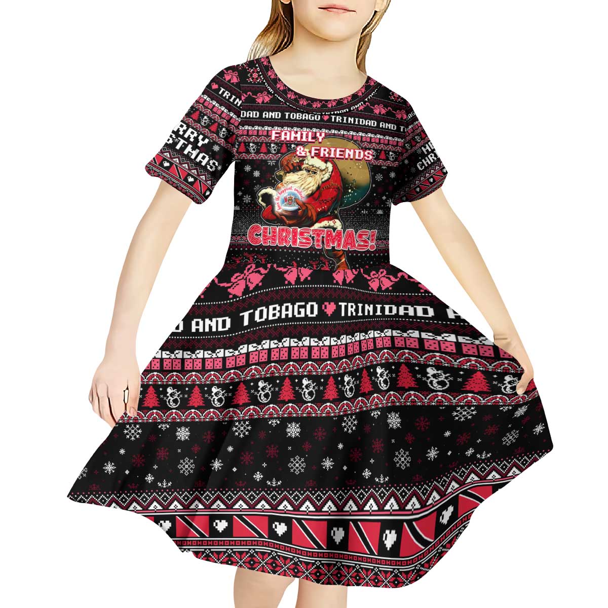 Trinidad and Tobago Kid Short Sleeve Dress Merry Christmas Family and Friends - Wonder Print Shop
