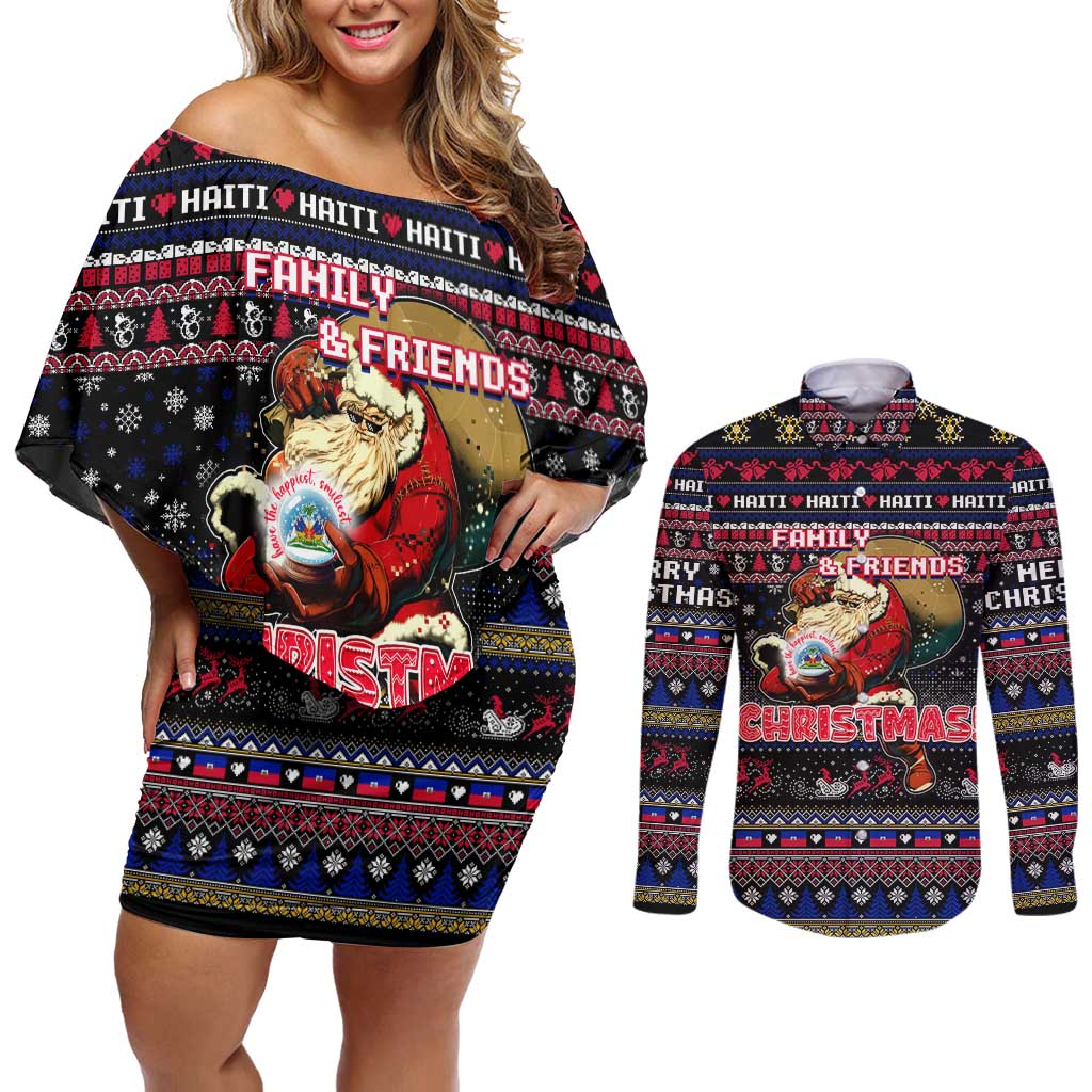 Haiti Couples Matching Off Shoulder Short Dress and Long Sleeve Button Shirt Merry Christmas Family and Friends - Wonder Print Shop