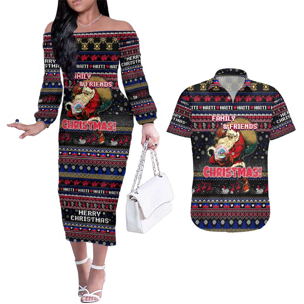 Haiti Couples Matching Off The Shoulder Long Sleeve Dress and Hawaiian Shirt Merry Christmas Family and Friends - Wonder Print Shop