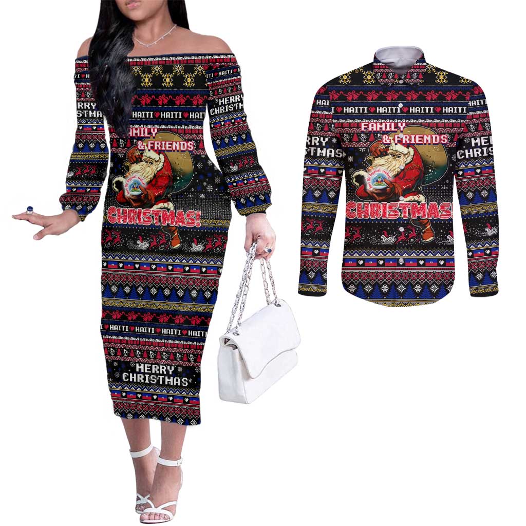 Haiti Couples Matching Off The Shoulder Long Sleeve Dress and Long Sleeve Button Shirt Merry Christmas Family and Friends