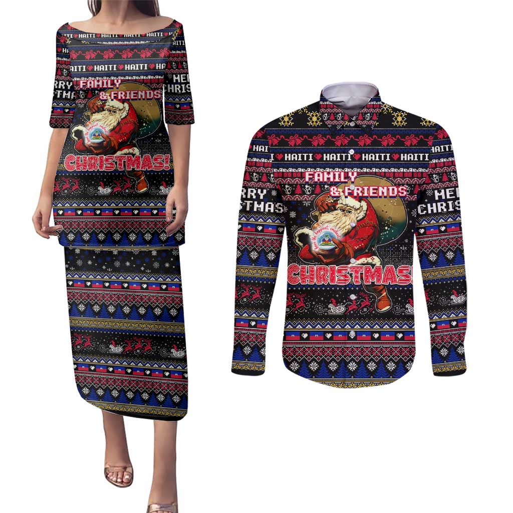 Haiti Couples Matching Puletasi and Long Sleeve Button Shirt Merry Christmas Family and Friends - Wonder Print Shop