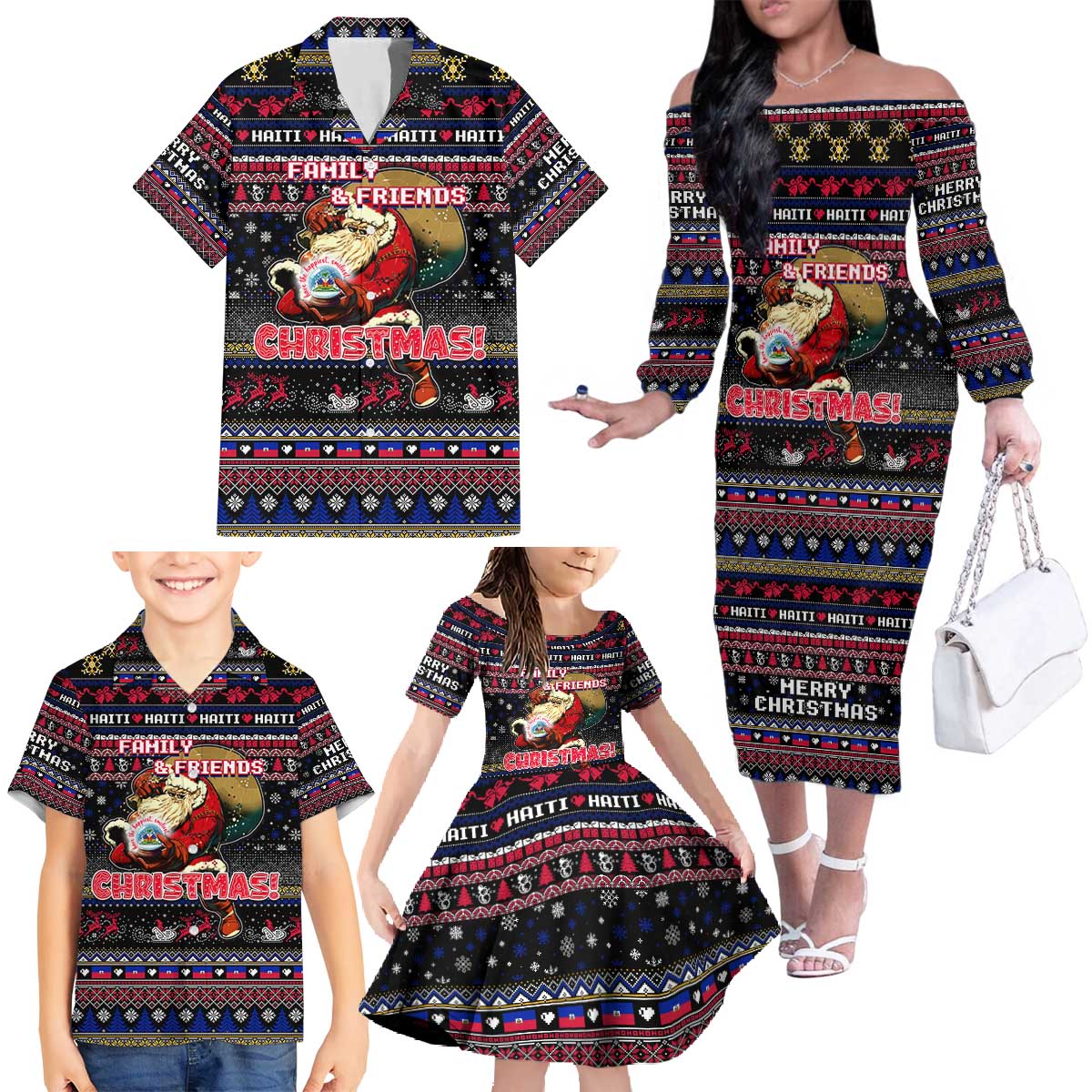 Haiti Family Matching Off The Shoulder Long Sleeve Dress and Hawaiian Shirt Merry Christmas Family and Friends - Wonder Print Shop