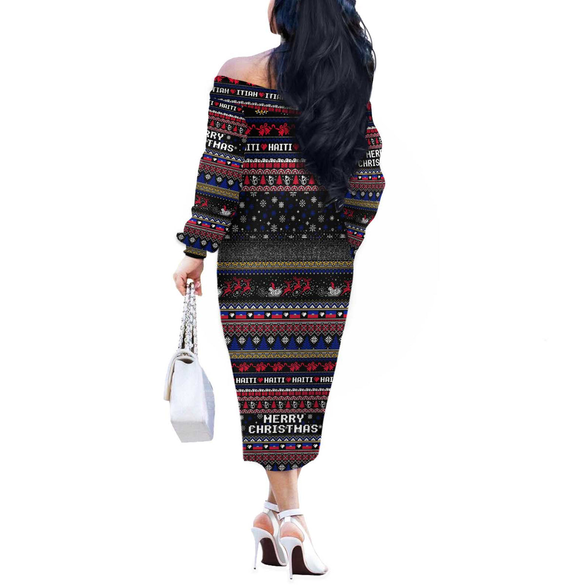 Haiti Off The Shoulder Long Sleeve Dress Merry Christmas Family and Friends - Wonder Print Shop