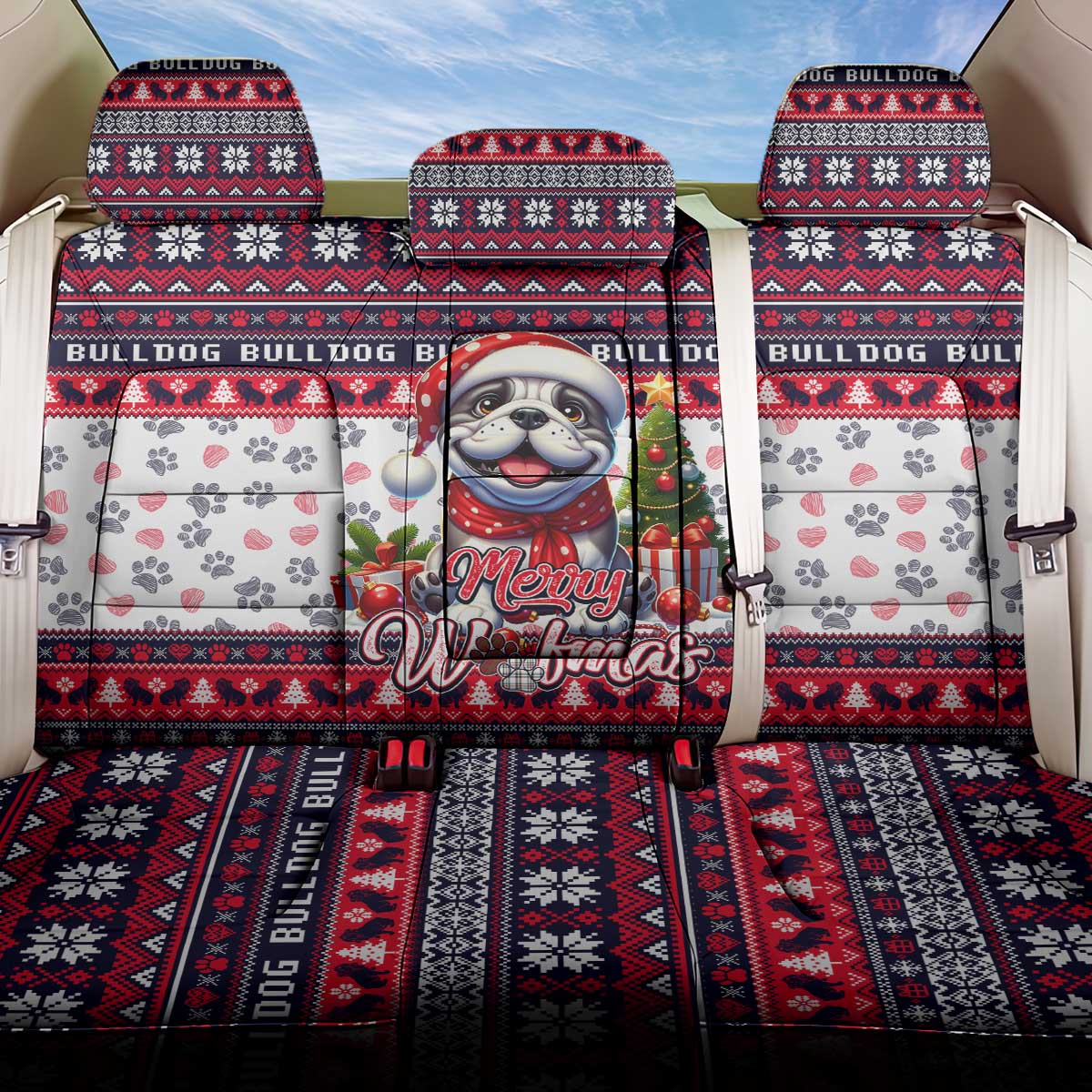 Bulldog Merry Woofmas Back Car Seat Cover Christmas Dog Art Style - Wonder Print Shop