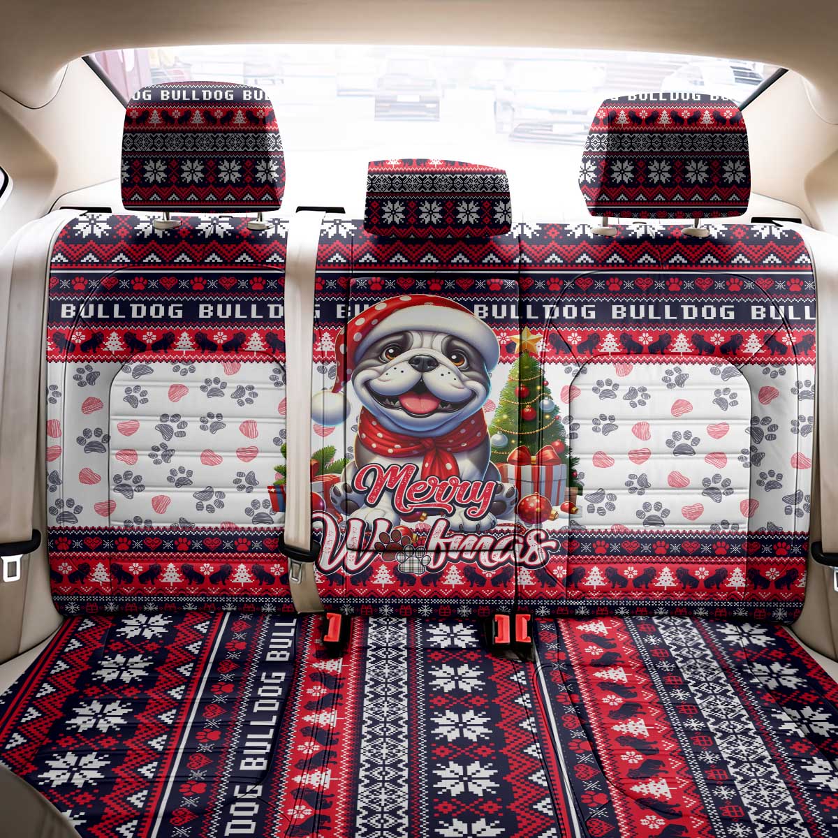 Bulldog Merry Woofmas Back Car Seat Cover Christmas Dog Art Style - Wonder Print Shop