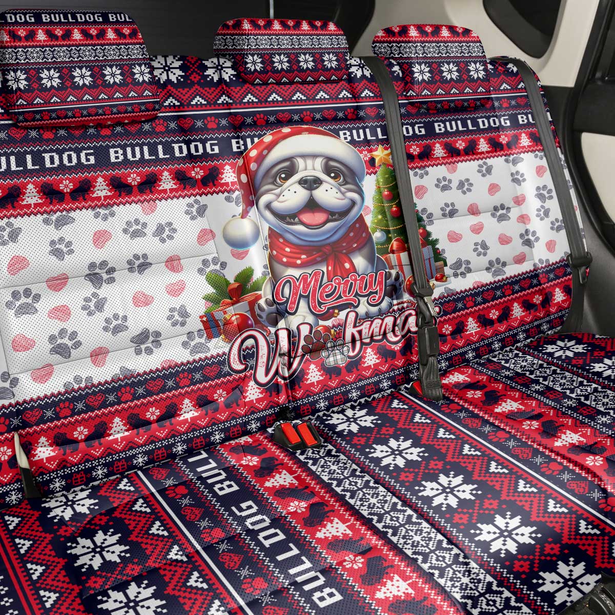 Bulldog Merry Woofmas Back Car Seat Cover Christmas Dog Art Style - Wonder Print Shop
