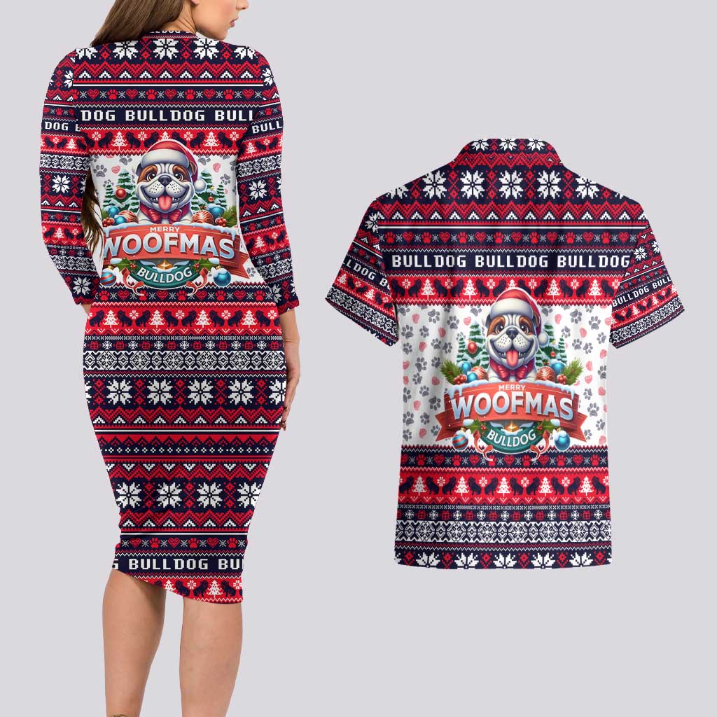 Bulldog Merry Woofmas Couples Matching Long Sleeve Bodycon Dress and Hawaiian Shirt Christmas Dog Art Style - Wonder Print Shop