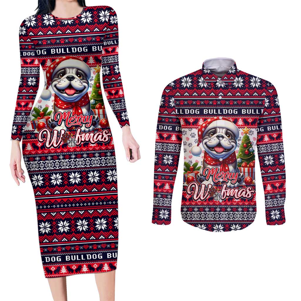 Bulldog Merry Woofmas Couples Matching Long Sleeve Bodycon Dress and Long Sleeve Button Shirt Christmas Dog Art Style - Wonder Print Shop