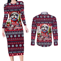 Bulldog Merry Woofmas Couples Matching Long Sleeve Bodycon Dress and Long Sleeve Button Shirt Christmas Dog Art Style - Wonder Print Shop