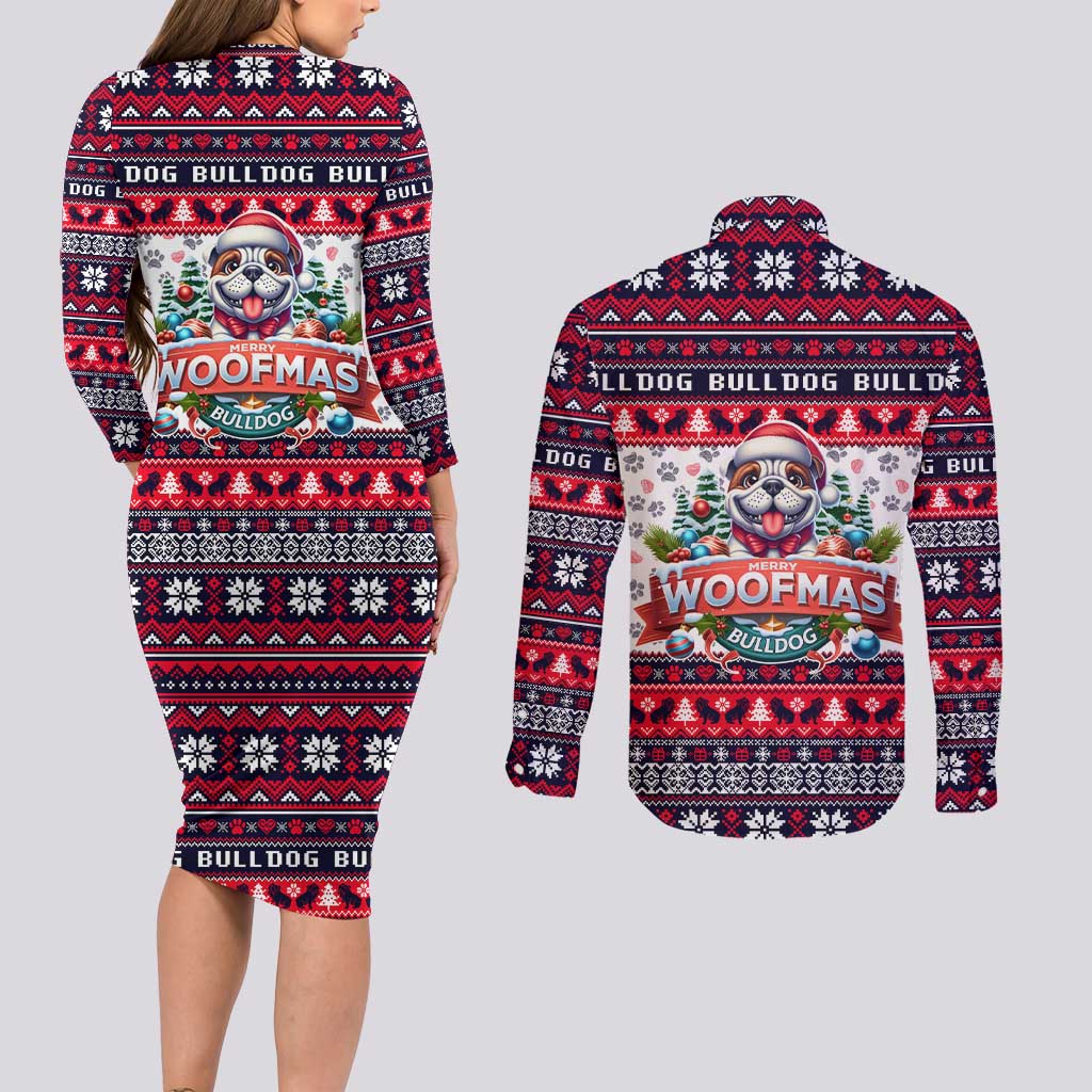 Bulldog Merry Woofmas Couples Matching Long Sleeve Bodycon Dress and Long Sleeve Button Shirt Christmas Dog Art Style - Wonder Print Shop