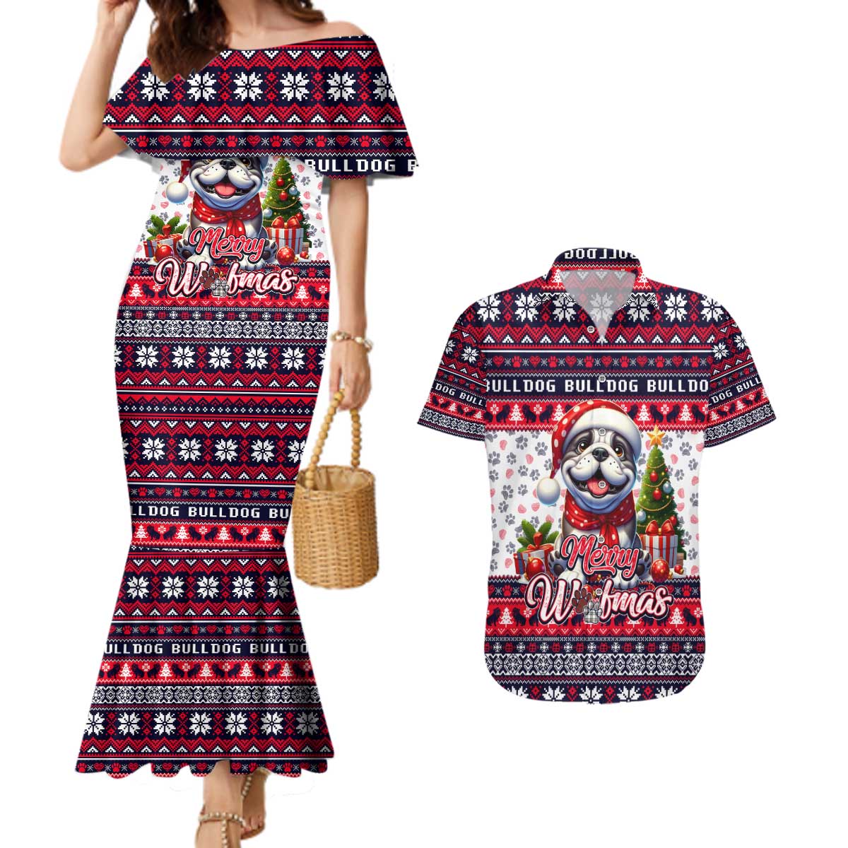 Bulldog Merry Woofmas Couples Matching Mermaid Dress and Hawaiian Shirt Christmas Dog Art Style - Wonder Print Shop