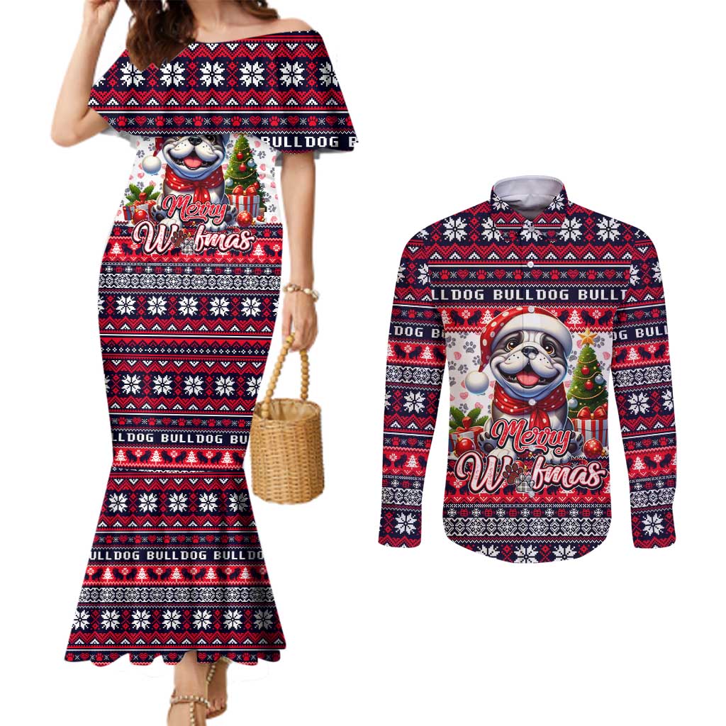 Bulldog Merry Woofmas Couples Matching Mermaid Dress and Long Sleeve Button Shirt Christmas Dog Art Style