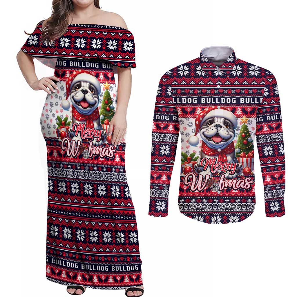 Bulldog Merry Woofmas Couples Matching Off Shoulder Maxi Dress and Long Sleeve Button Shirt Christmas Dog Art Style - Wonder Print Shop