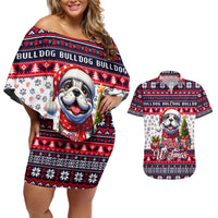Bulldog Merry Woofmas Couples Matching Off Shoulder Short Dress and Hawaiian Shirt Christmas Dog Art Style - Wonder Print Shop