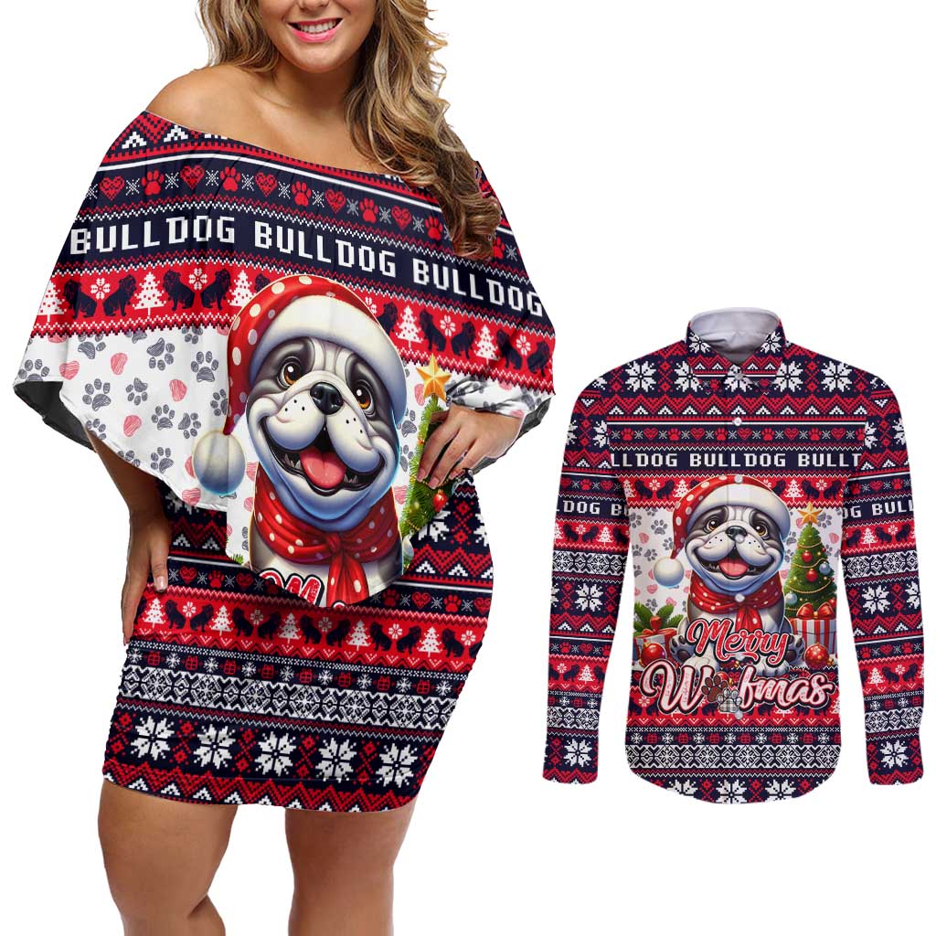 Bulldog Merry Woofmas Couples Matching Off Shoulder Short Dress and Long Sleeve Button Shirt Christmas Dog Art Style - Wonder Print Shop
