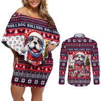 Bulldog Merry Woofmas Couples Matching Off Shoulder Short Dress and Long Sleeve Button Shirt Christmas Dog Art Style - Wonder Print Shop