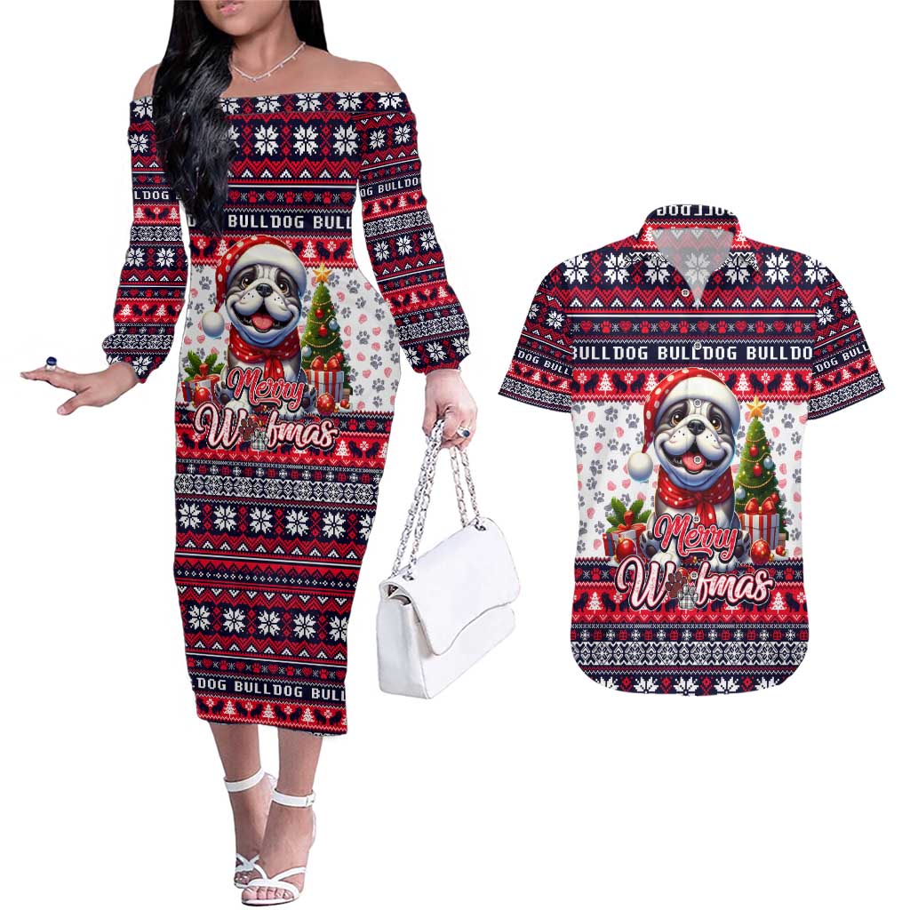 Bulldog Merry Woofmas Couples Matching Off The Shoulder Long Sleeve Dress and Hawaiian Shirt Christmas Dog Art Style - Wonder Print Shop