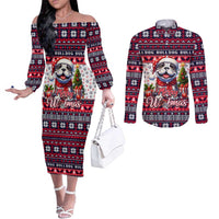 Bulldog Merry Woofmas Couples Matching Off The Shoulder Long Sleeve Dress and Long Sleeve Button Shirt Christmas Dog Art Style