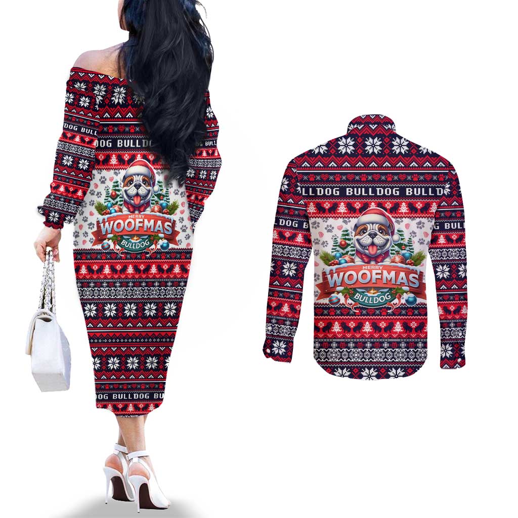 Bulldog Merry Woofmas Couples Matching Off The Shoulder Long Sleeve Dress and Long Sleeve Button Shirt Christmas Dog Art Style