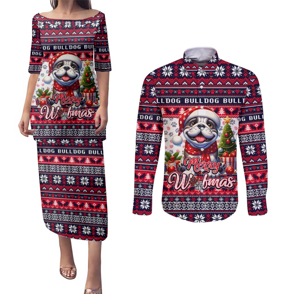Bulldog Merry Woofmas Couples Matching Puletasi and Long Sleeve Button Shirt Christmas Dog Art Style - Wonder Print Shop