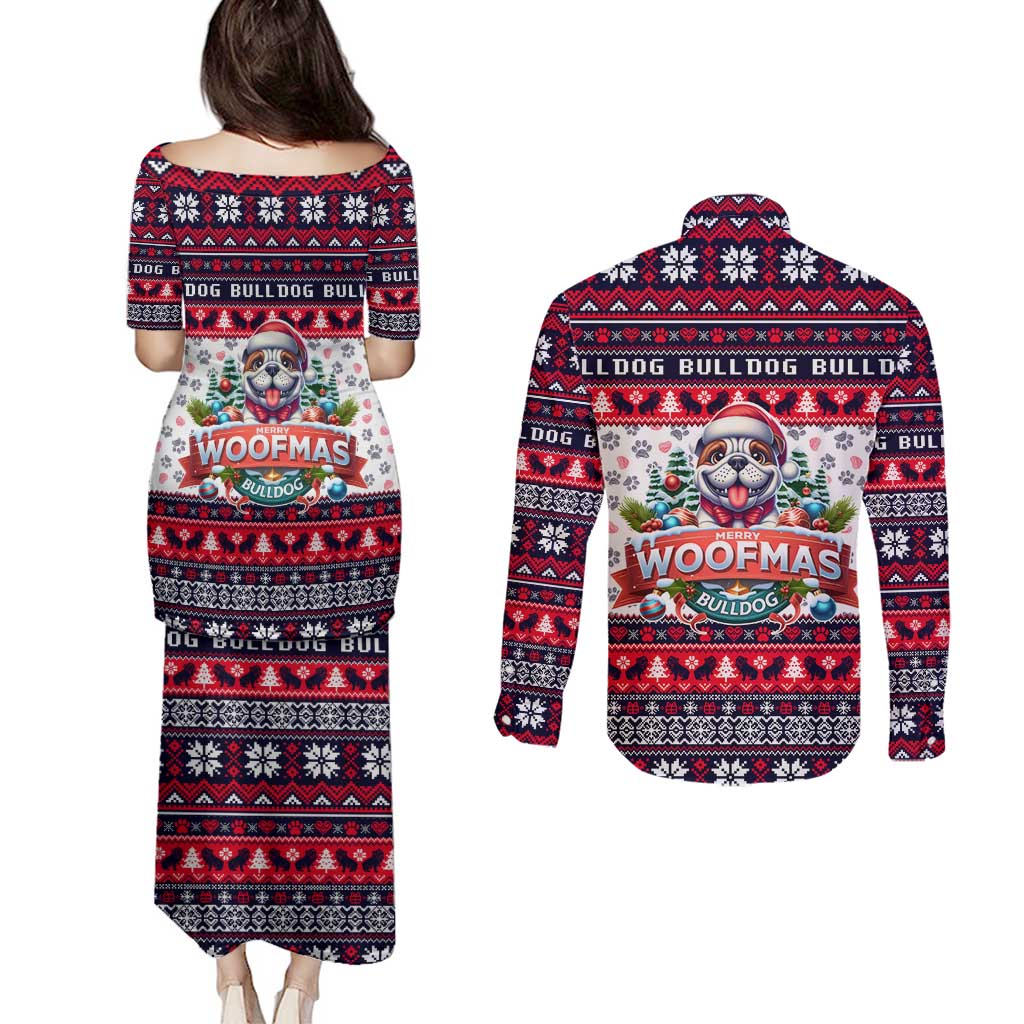 Bulldog Merry Woofmas Couples Matching Puletasi and Long Sleeve Button Shirt Christmas Dog Art Style - Wonder Print Shop
