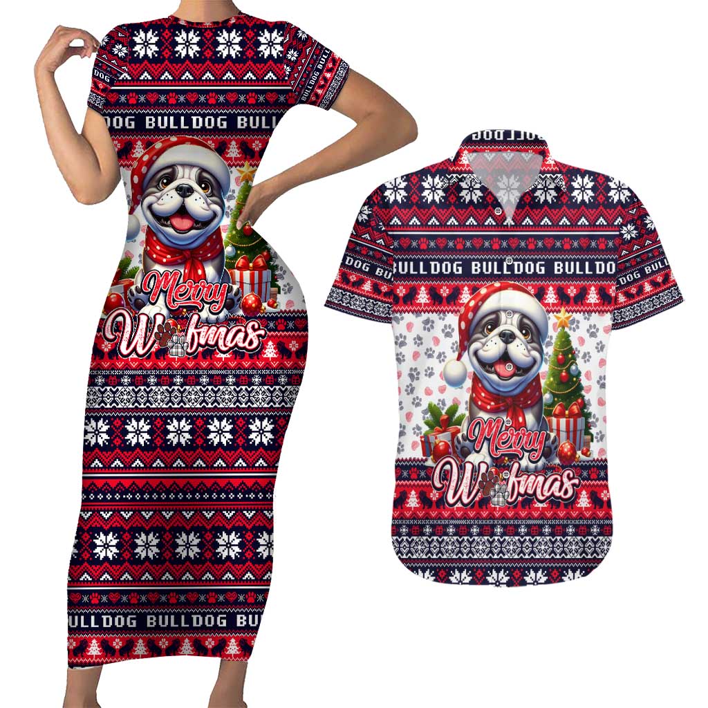 Bulldog Merry Woofmas Couples Matching Short Sleeve Bodycon Dress and Hawaiian Shirt Christmas Dog Art Style - Wonder Print Shop