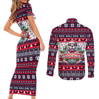 Bulldog Merry Woofmas Couples Matching Short Sleeve Bodycon Dress and Long Sleeve Button Shirt Christmas Dog Art Style - Wonder Print Shop