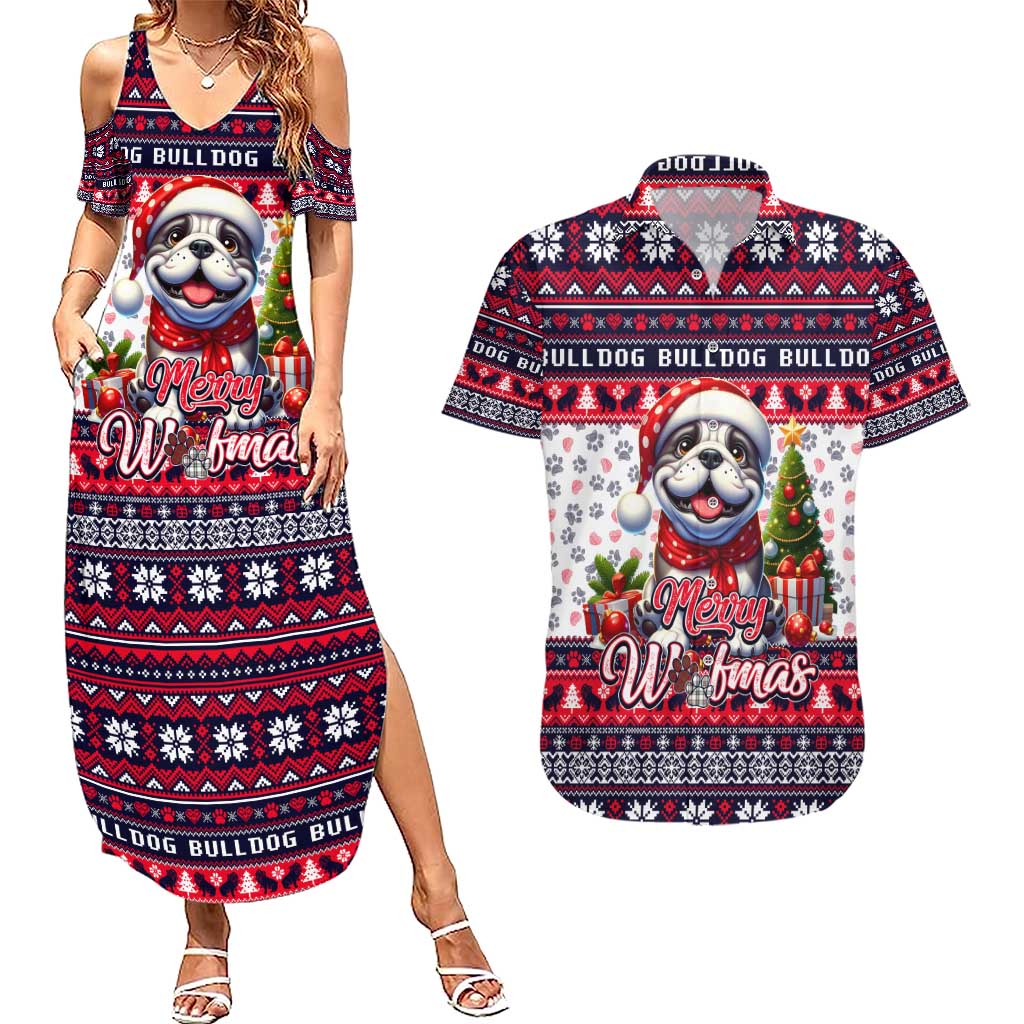 Bulldog Merry Woofmas Couples Matching Summer Maxi Dress and Hawaiian Shirt Christmas Dog Art Style - Wonder Print Shop