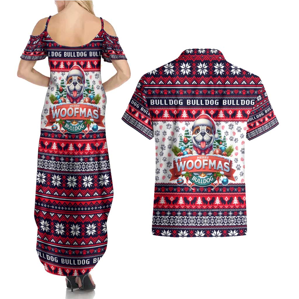 Bulldog Merry Woofmas Couples Matching Summer Maxi Dress and Hawaiian Shirt Christmas Dog Art Style - Wonder Print Shop