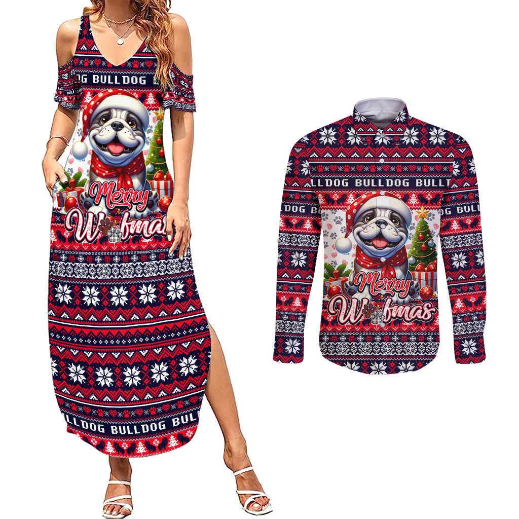 Bulldog Merry Woofmas Couples Matching Summer Maxi Dress and Long Sleeve Button Shirt Christmas Dog Art Style - Wonder Print Shop