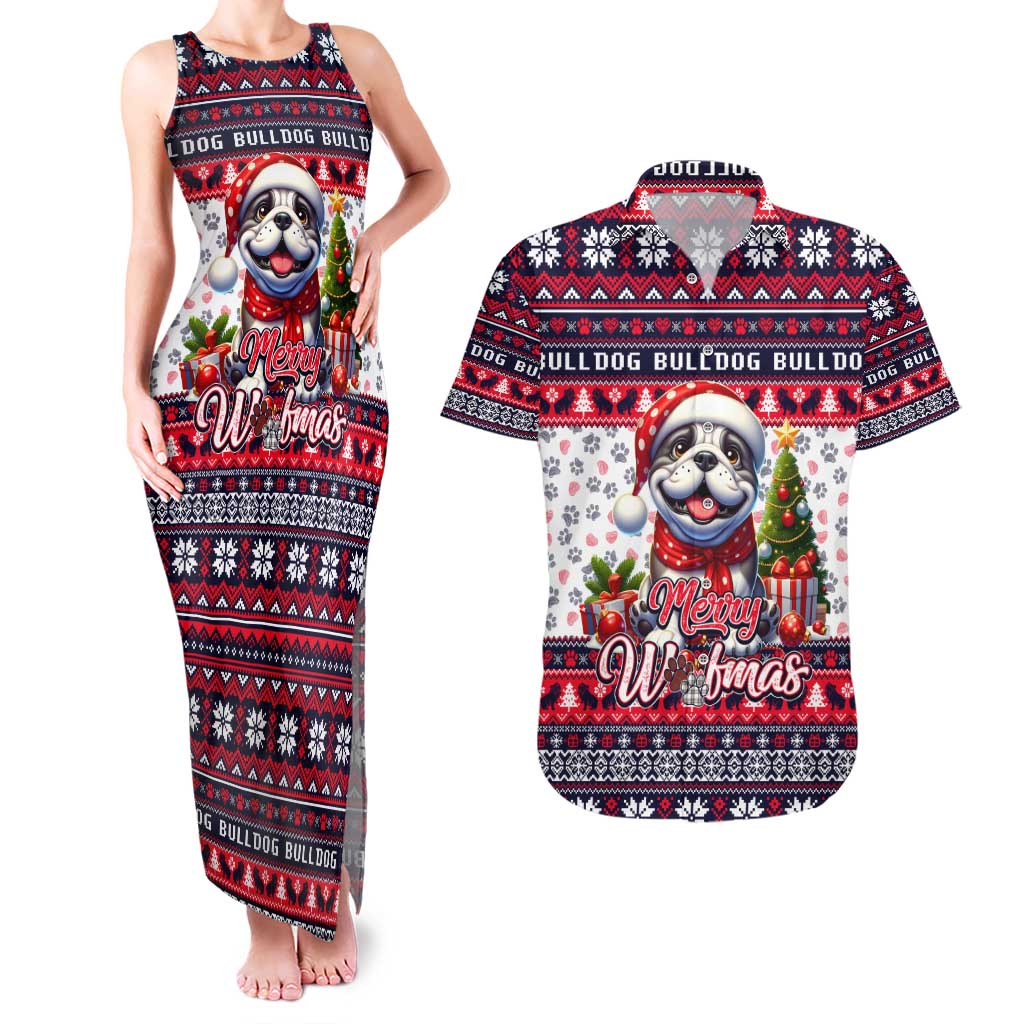 Bulldog Merry Woofmas Couples Matching Tank Maxi Dress and Hawaiian Shirt Christmas Dog Art Style - Wonder Print Shop