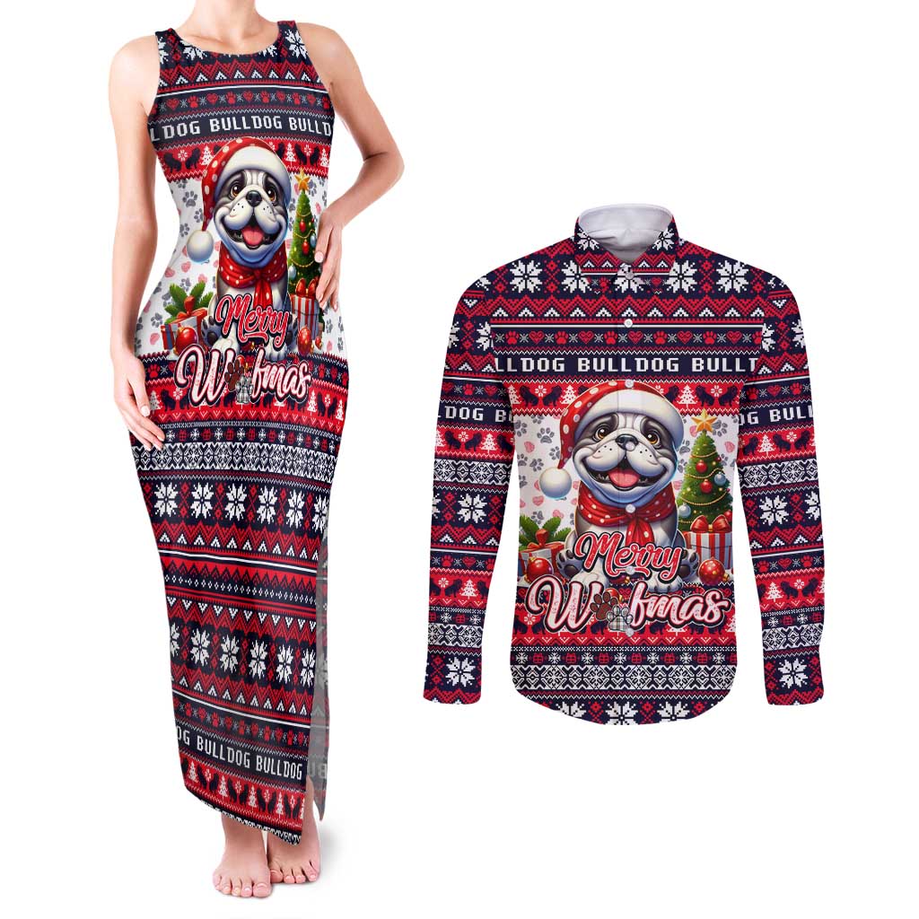 Bulldog Merry Woofmas Couples Matching Tank Maxi Dress and Long Sleeve Button Shirt Christmas Dog Art Style - Wonder Print Shop