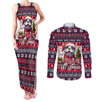Bulldog Merry Woofmas Couples Matching Tank Maxi Dress and Long Sleeve Button Shirt Christmas Dog Art Style - Wonder Print Shop