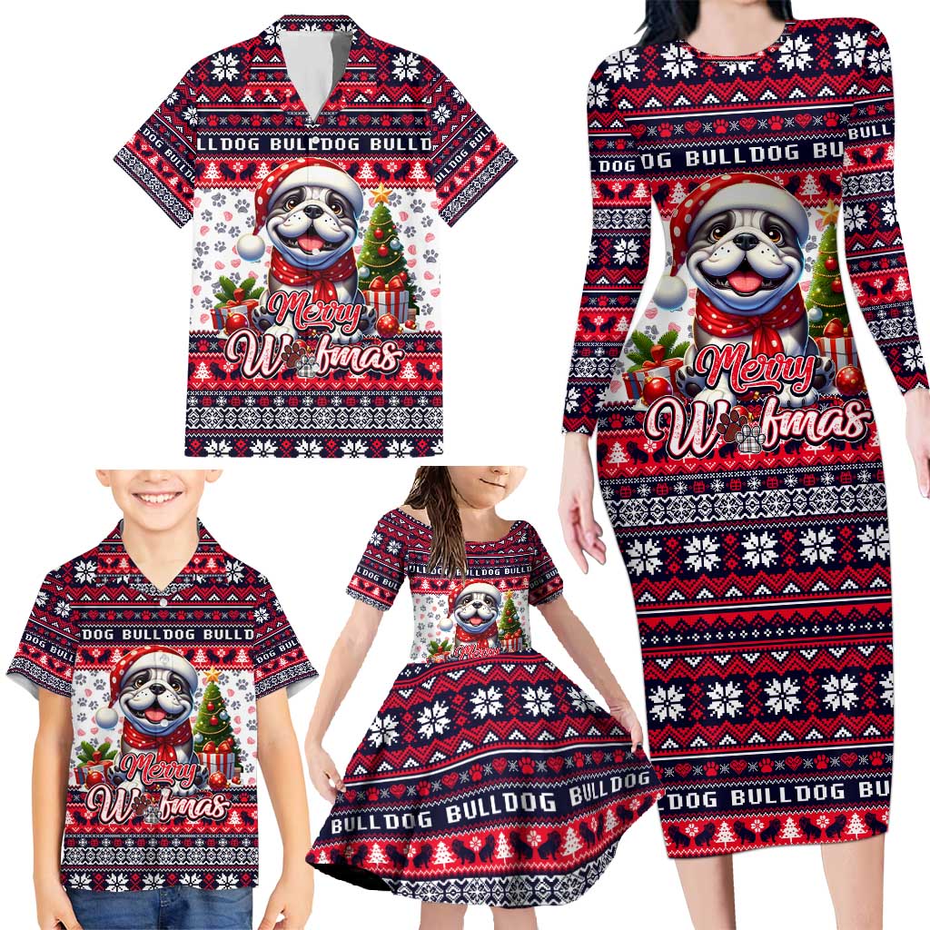 Bulldog Merry Woofmas Family Matching Long Sleeve Bodycon Dress and Hawaiian Shirt Christmas Dog Art Style - Wonder Print Shop