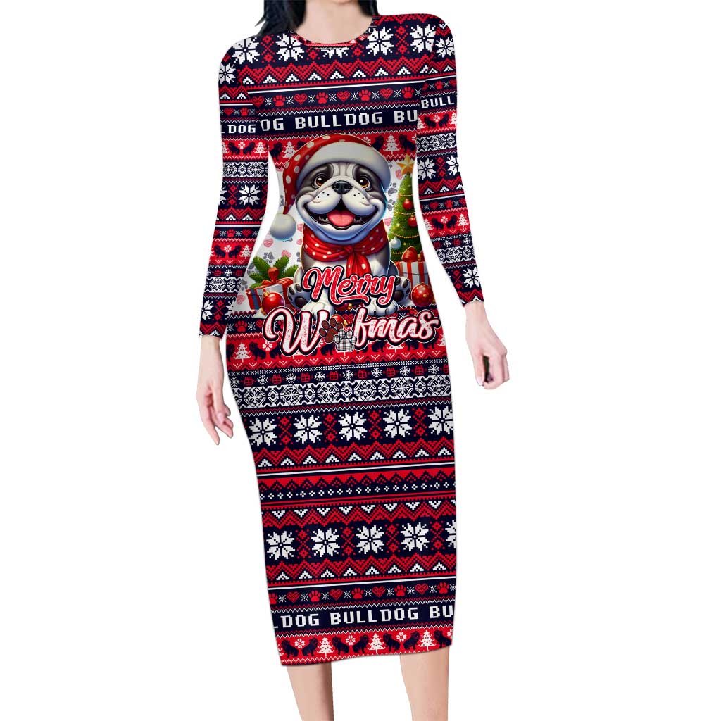 Bulldog Merry Woofmas Family Matching Long Sleeve Bodycon Dress and Hawaiian Shirt Christmas Dog Art Style - Wonder Print Shop