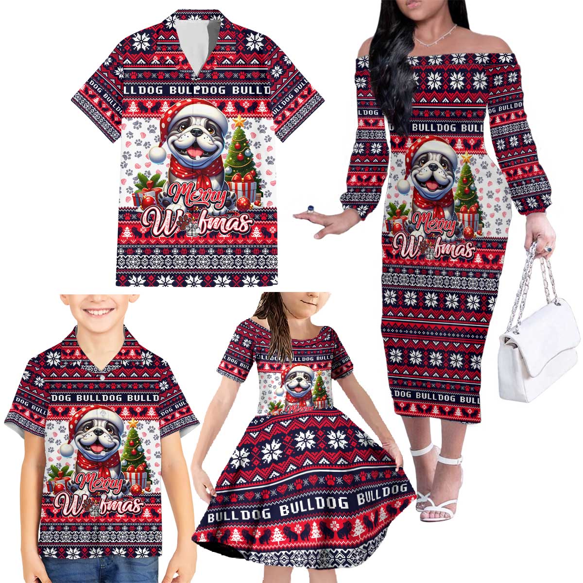Bulldog Merry Woofmas Family Matching Off The Shoulder Long Sleeve Dress and Hawaiian Shirt Christmas Dog Art Style - Wonder Print Shop