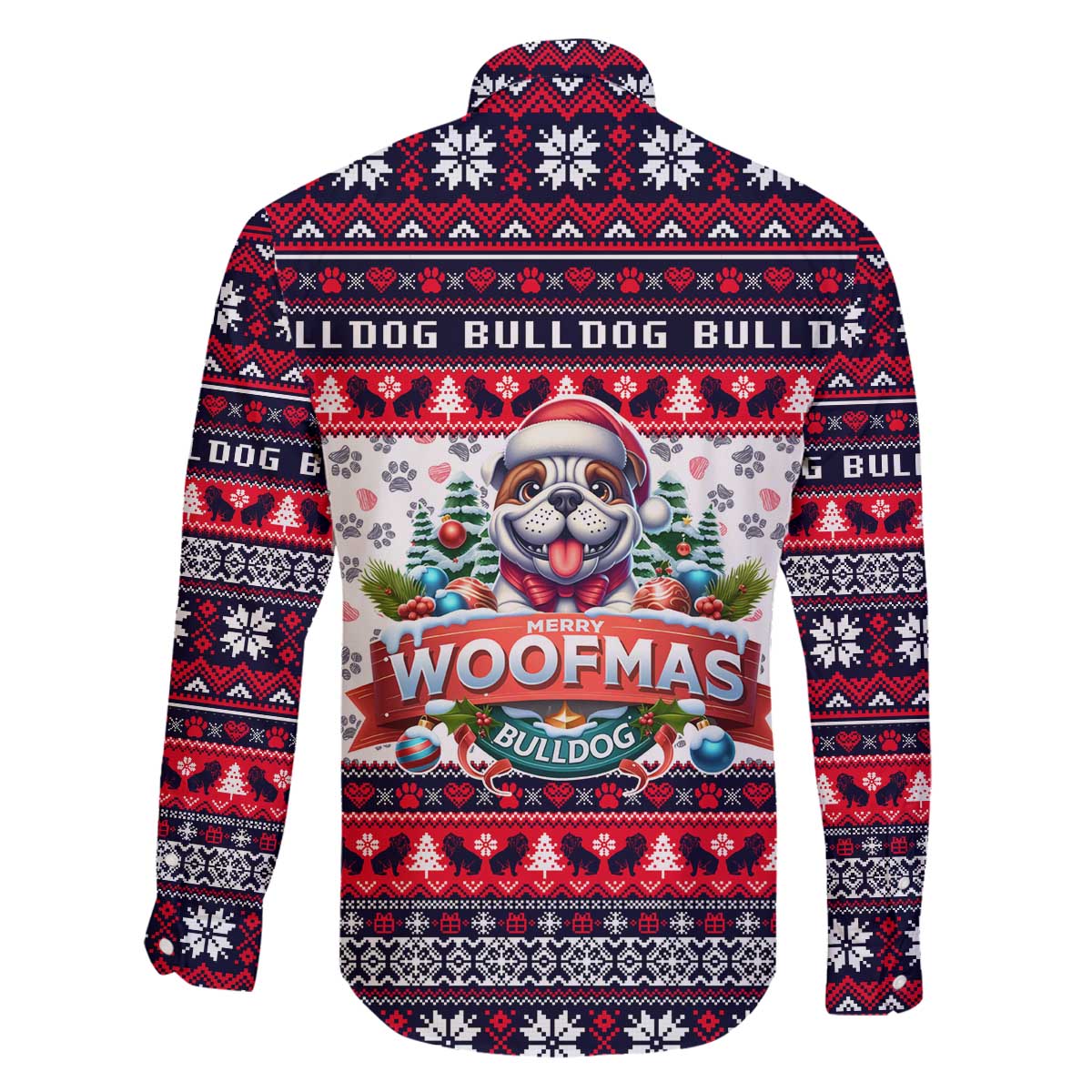 Bulldog Merry Woofmas Family Matching Off The Shoulder Long Sleeve Dress and Hawaiian Shirt Christmas Dog Art Style - Wonder Print Shop