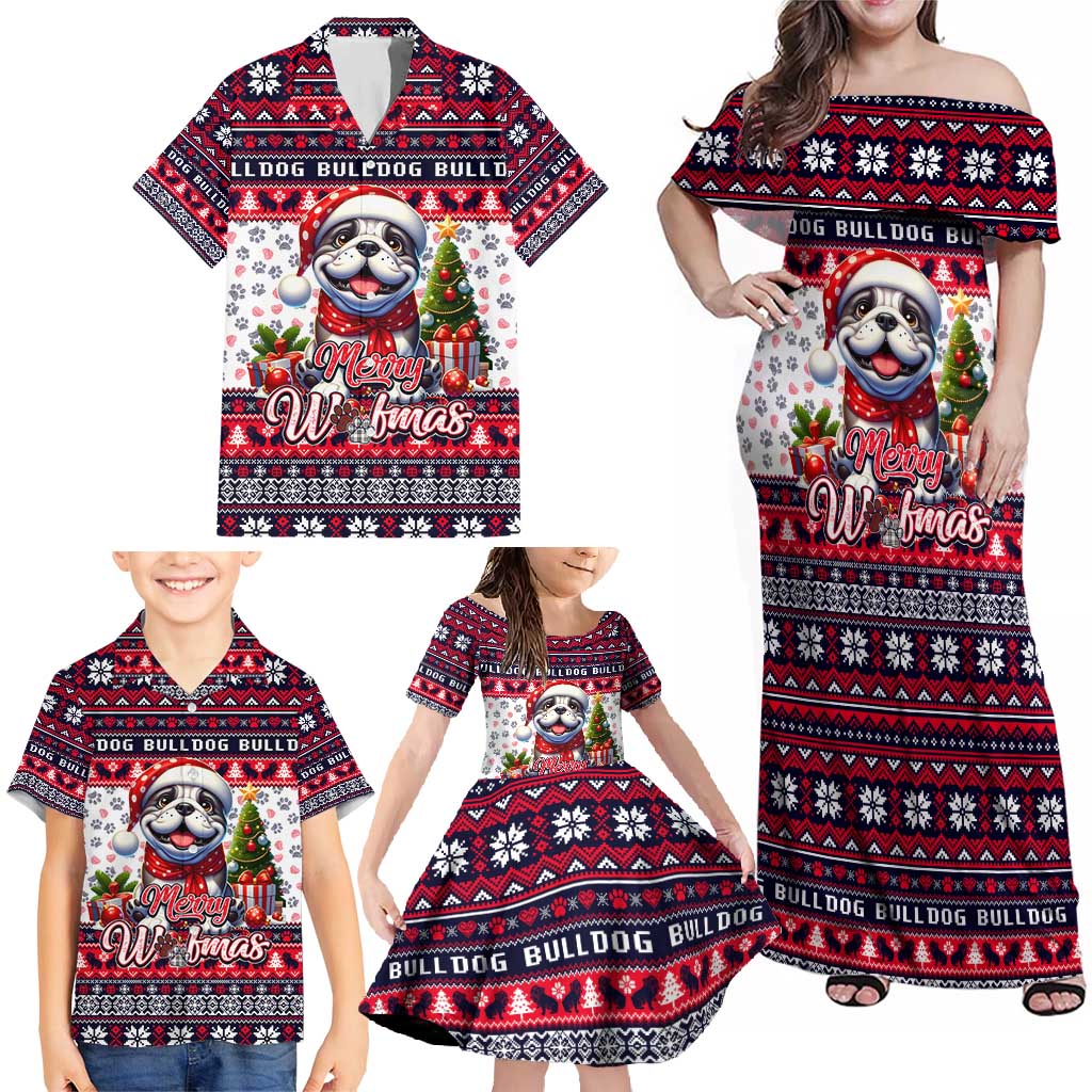 Bulldog Merry Woofmas Family Matching Off Shoulder Maxi Dress and Hawaiian Shirt Christmas Dog Art Style - Wonder Print Shop
