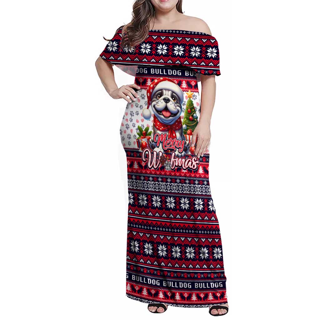 Bulldog Merry Woofmas Family Matching Off Shoulder Maxi Dress and Hawaiian Shirt Christmas Dog Art Style - Wonder Print Shop