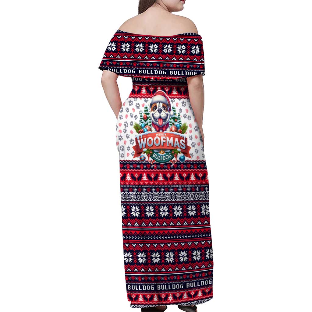 Bulldog Merry Woofmas Family Matching Off Shoulder Maxi Dress and Hawaiian Shirt Christmas Dog Art Style - Wonder Print Shop