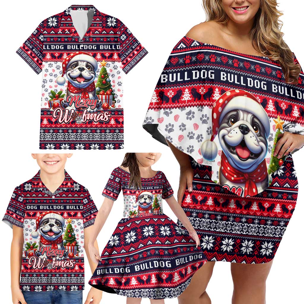 Bulldog Merry Woofmas Family Matching Off Shoulder Short Dress and Hawaiian Shirt Christmas Dog Art Style - Wonder Print Shop