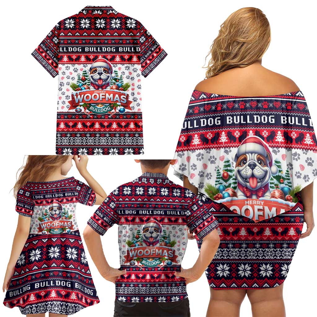 Bulldog Merry Woofmas Family Matching Off Shoulder Short Dress and Hawaiian Shirt Christmas Dog Art Style - Wonder Print Shop