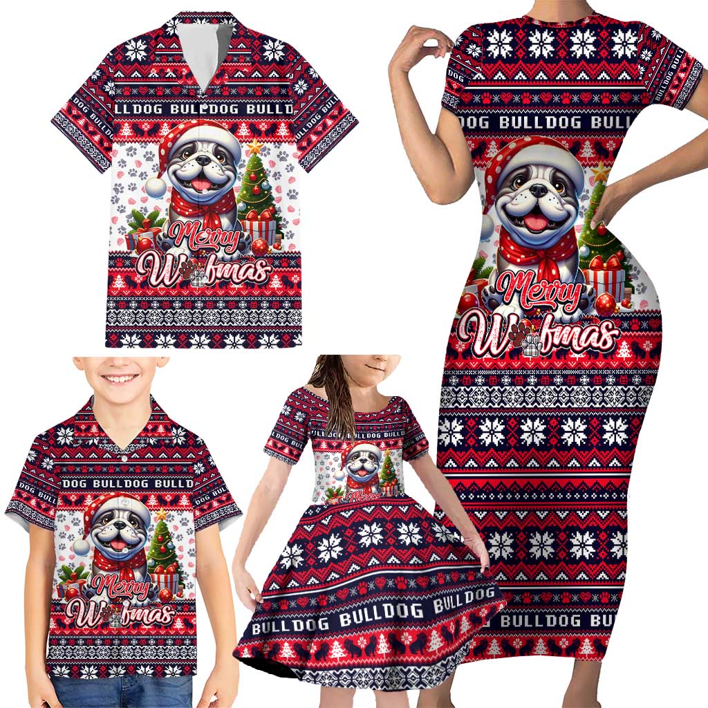Bulldog Merry Woofmas Family Matching Short Sleeve Bodycon Dress and Hawaiian Shirt Christmas Dog Art Style - Wonder Print Shop