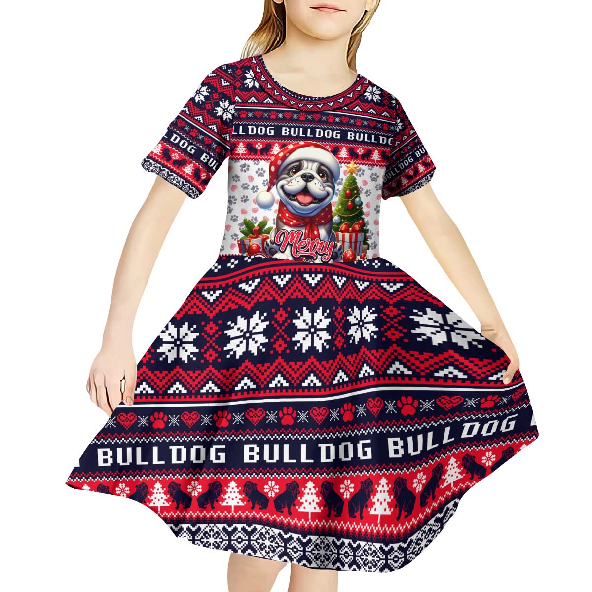 Bulldog Merry Woofmas Kid Short Sleeve Dress Christmas Dog Art Style - Wonder Print Shop