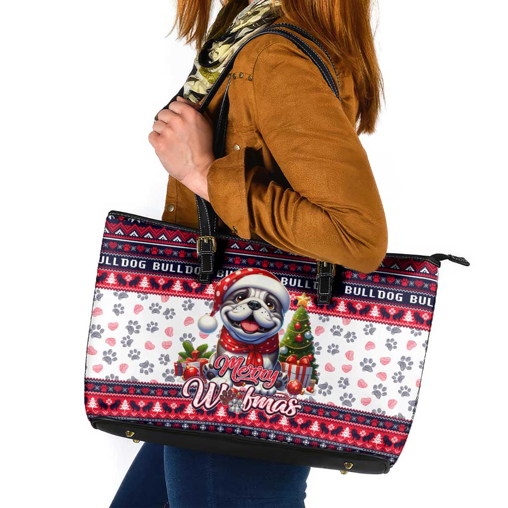 Bulldog Merry Woofmas Leather Tote Bag Christmas Dog Art Style - Wonder Print Shop
